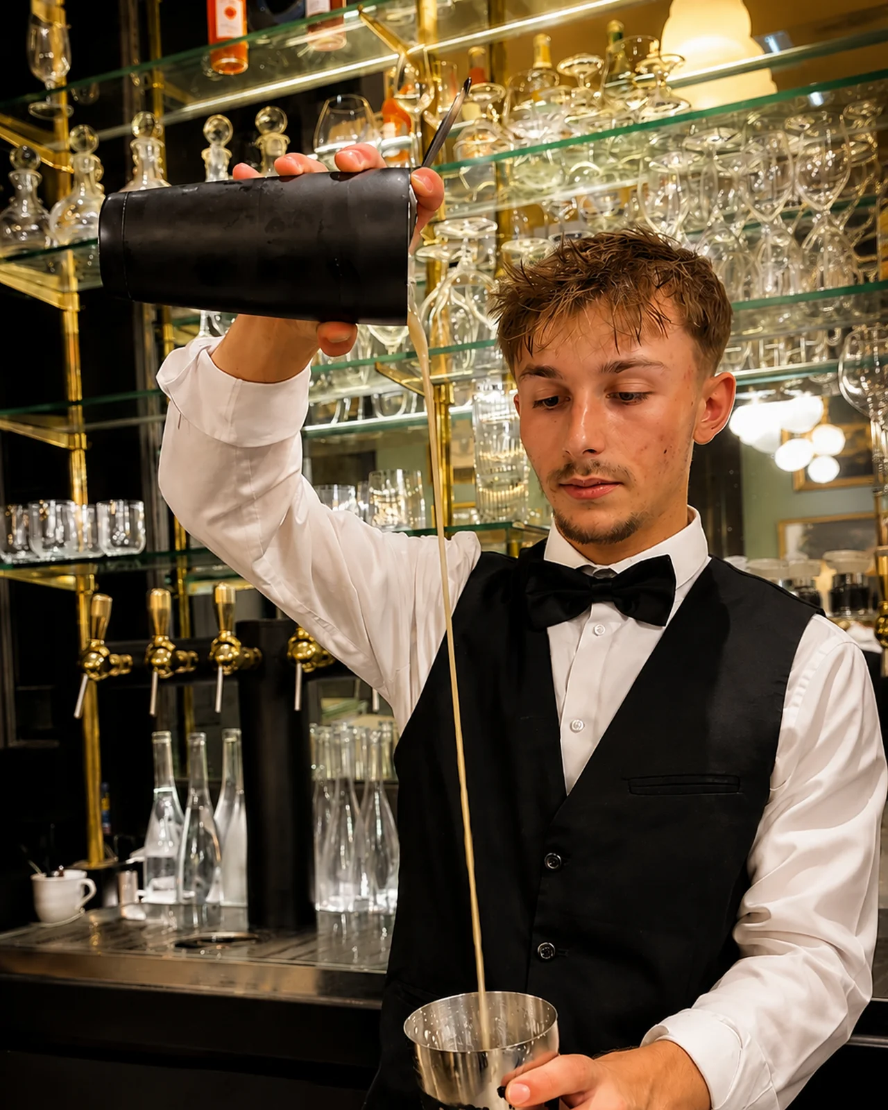 Barman Barevent versant un cocktail au shaker derrière un comptoir de bar.